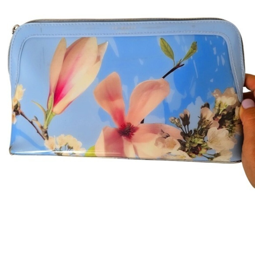 Ted Baker Cosmetic Bag Pouch Clear Blue Floral Magnolia Print Zip Pouch